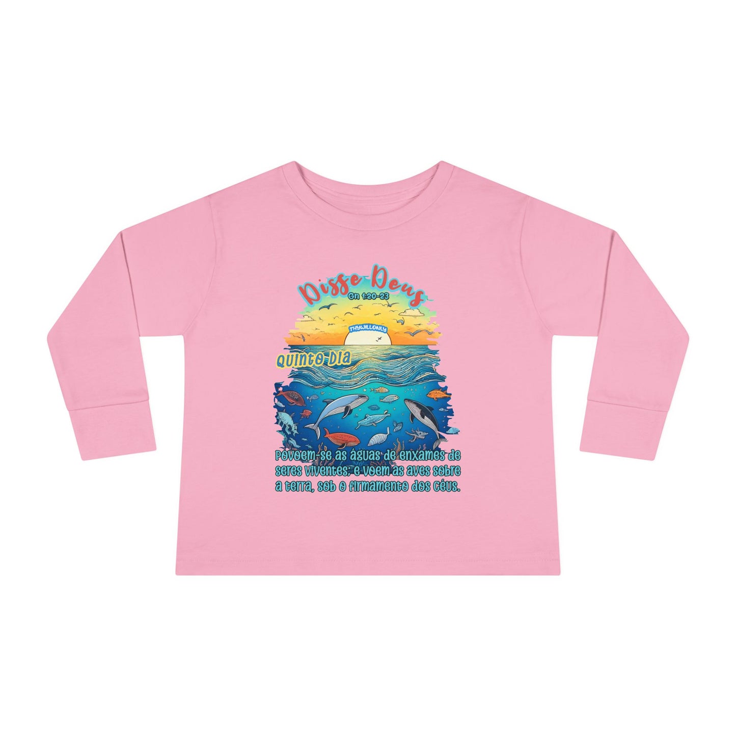 Camiseta Infantil de Manga Longa – Dia 5 da Criação: Voar e Brincar na Água
