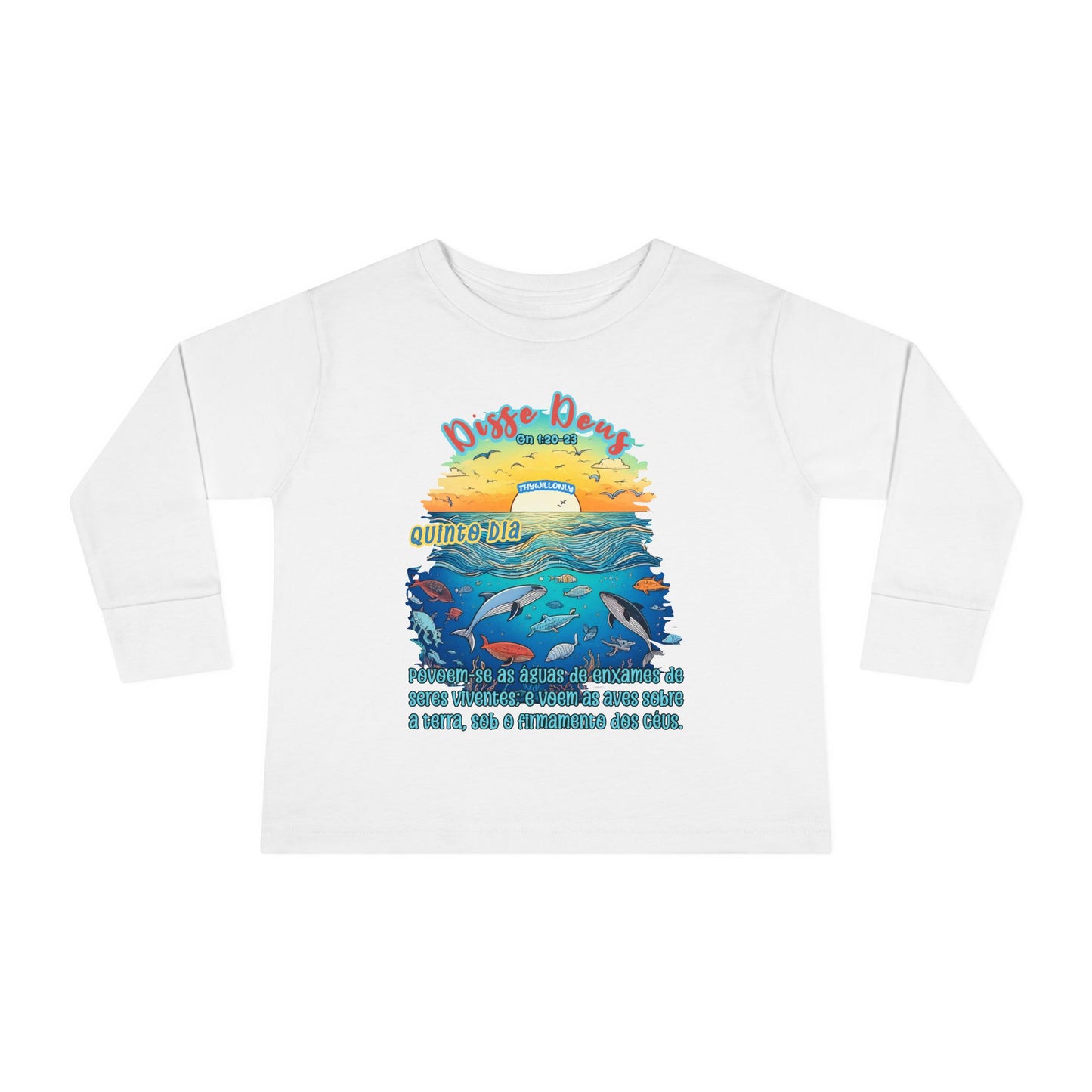 Camiseta Infantil de Manga Longa – Dia 5 da Criação: Voar e Brincar na Água