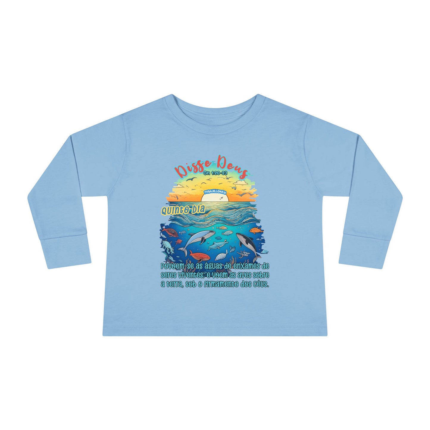 Camiseta Infantil de Manga Longa – Dia 5 da Criação: Voar e Brincar na Água