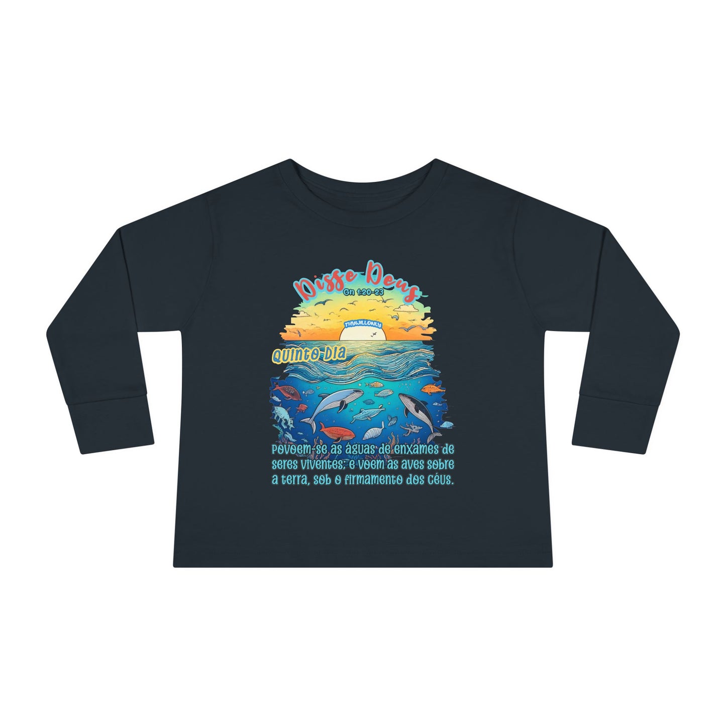 Camiseta Infantil de Manga Longa – Dia 5 da Criação: Voar e Brincar na Água