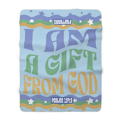 I Am a Gift from God" Sherpa Fleece Blanket - Blue, Yellow & Green