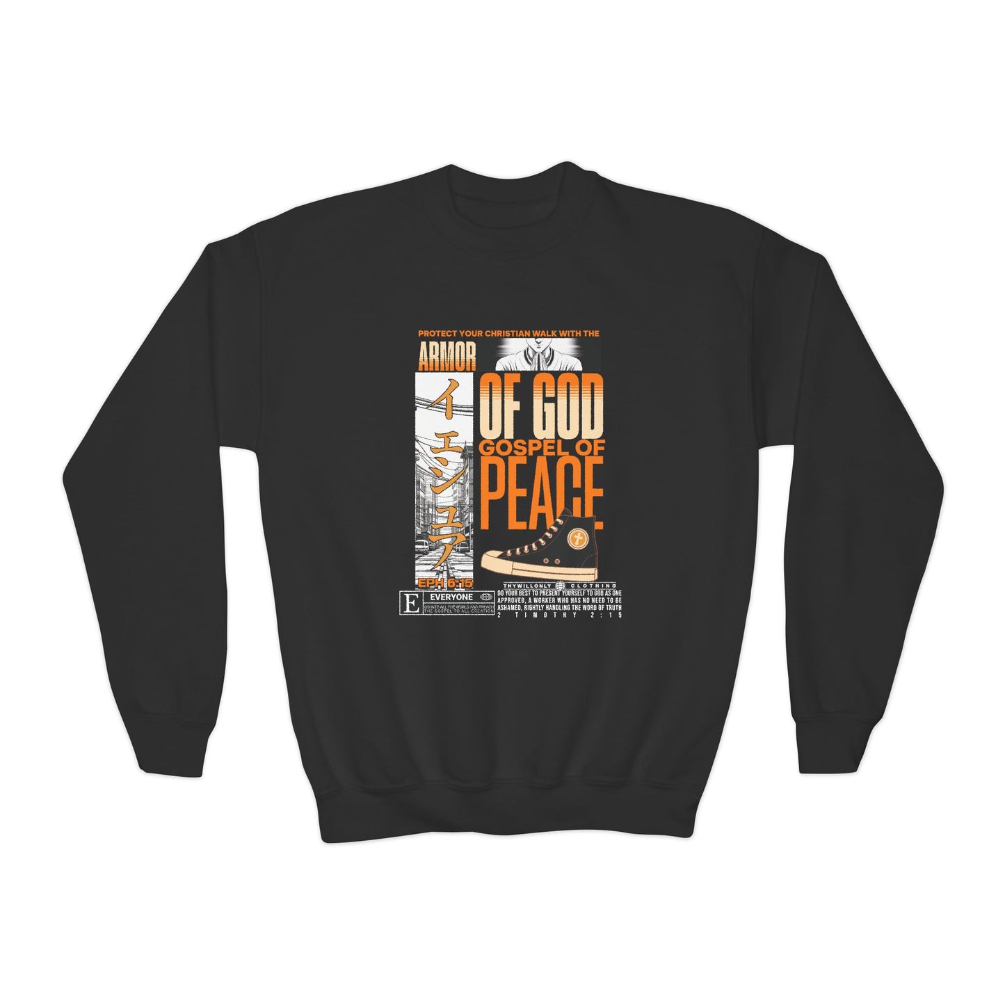 Ephesians 6:15 Youth Crewneck: Gospel of Peace Shoes – Armor of God